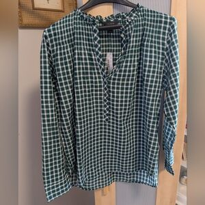 Women's J. Crew Green And White Plaid Button Down Blouse Cotton Lightweight